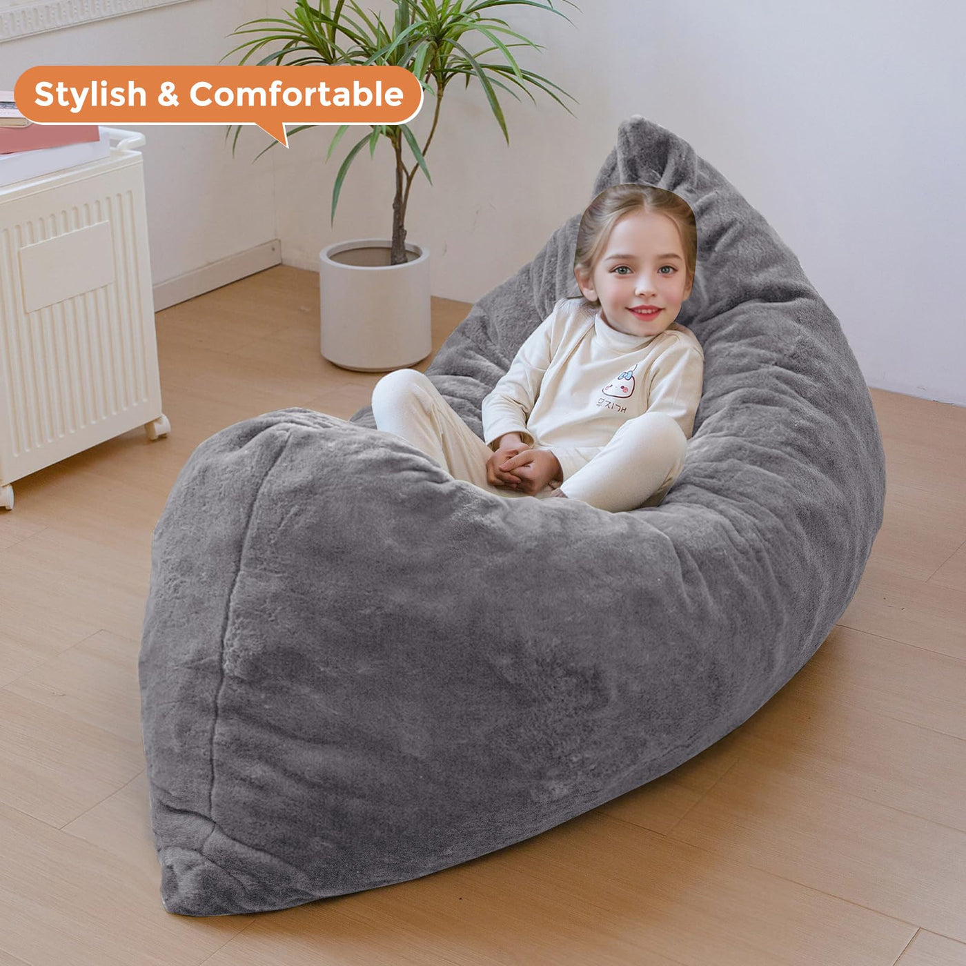 MAXYOYO 3 in 1 Kids Bean Bag Chair Bed, Faux Fur Child Floor Sofa for Gaming, Reading (Dark Grey)