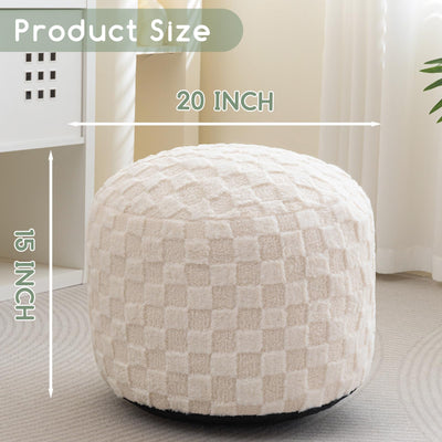 MAXYOYO Round Stuffed Pouf Ottoman, Plaid Poufs with Foam Chunk Filling, 20 X 15In, Beige