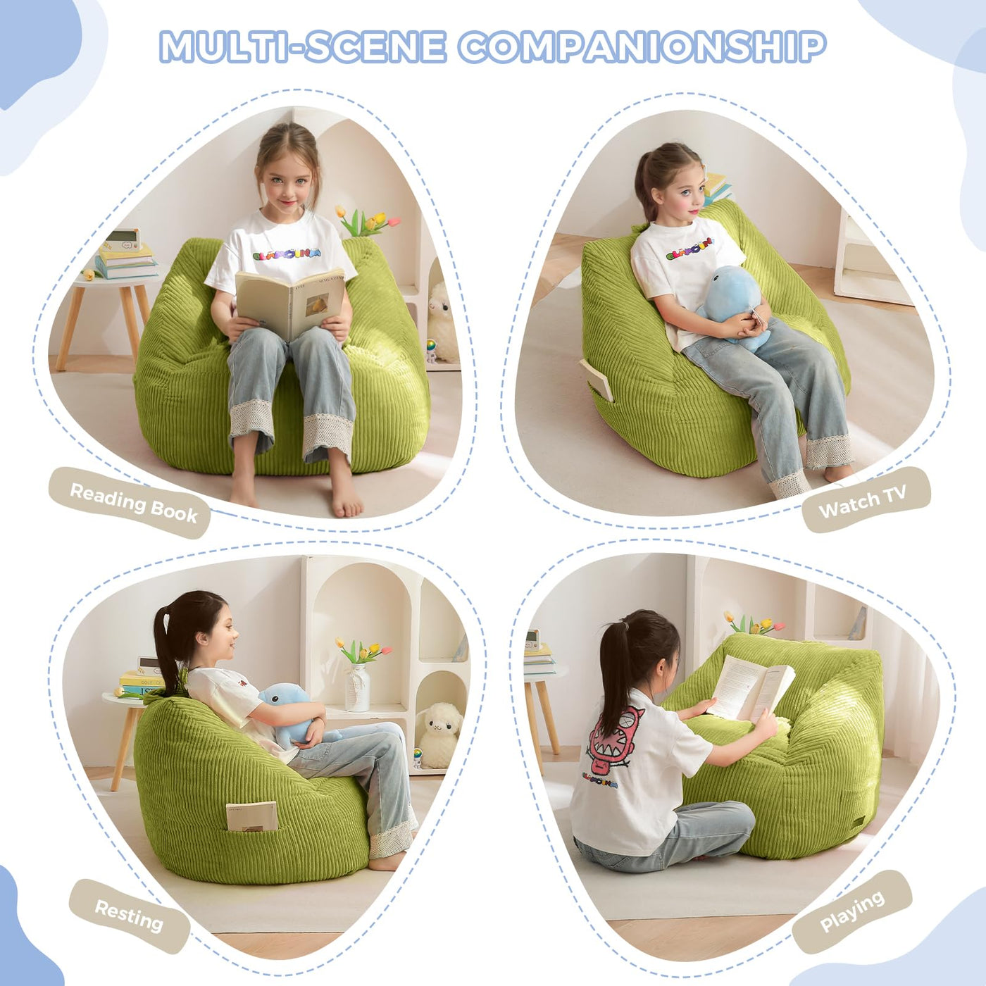 MAXYOYO Kids Bean Bag Chair, Corduroy Bean Bag Couch with Handle and Pocket for Gaming Reading Relaxing, Green