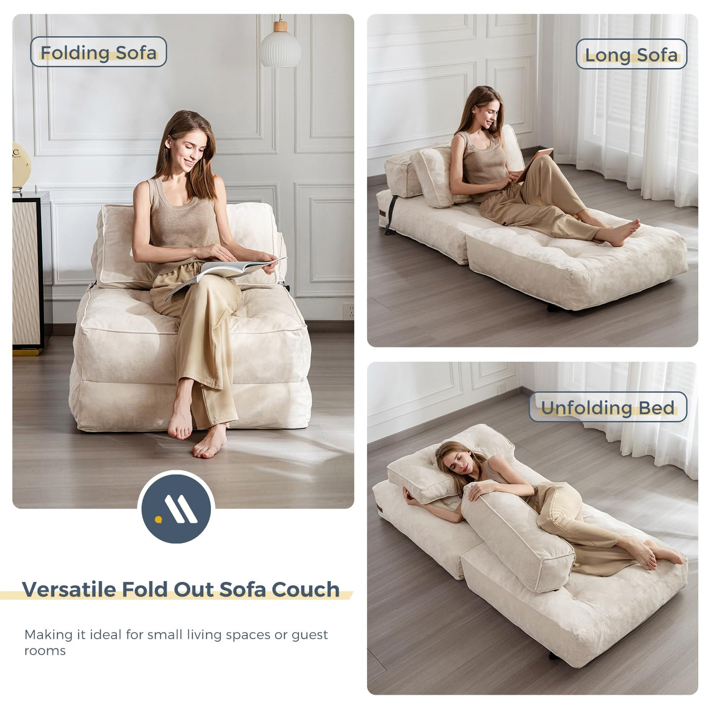 MAXYOYO Folding Sofa Bed, Velvet Convertible Sleeper Chair with Pillow Portable Fold Out Chair Bed, Beige