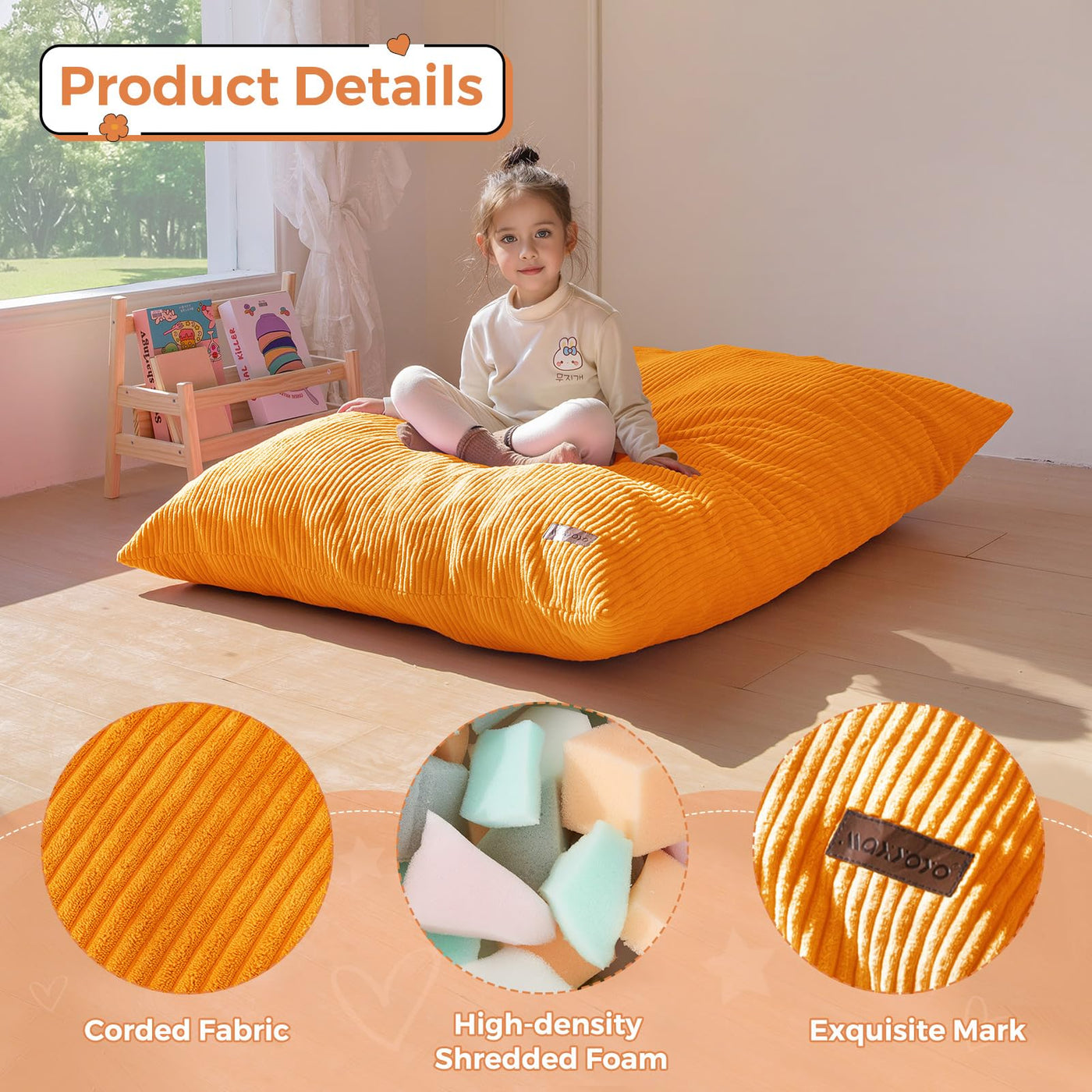 MAXYOYO 3-in-1 Kids Convertible Bean Bag Chair & Bed, Child Floor Sofa for Gaming, Reading, Orange