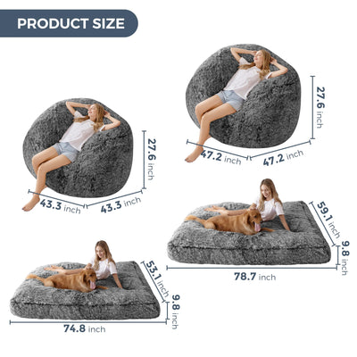 MAXYOYO Giant Bean Bag, Faux Fur Convertible Beanbag Folds from Lazy Chair to Floor Mattress Bed, Black