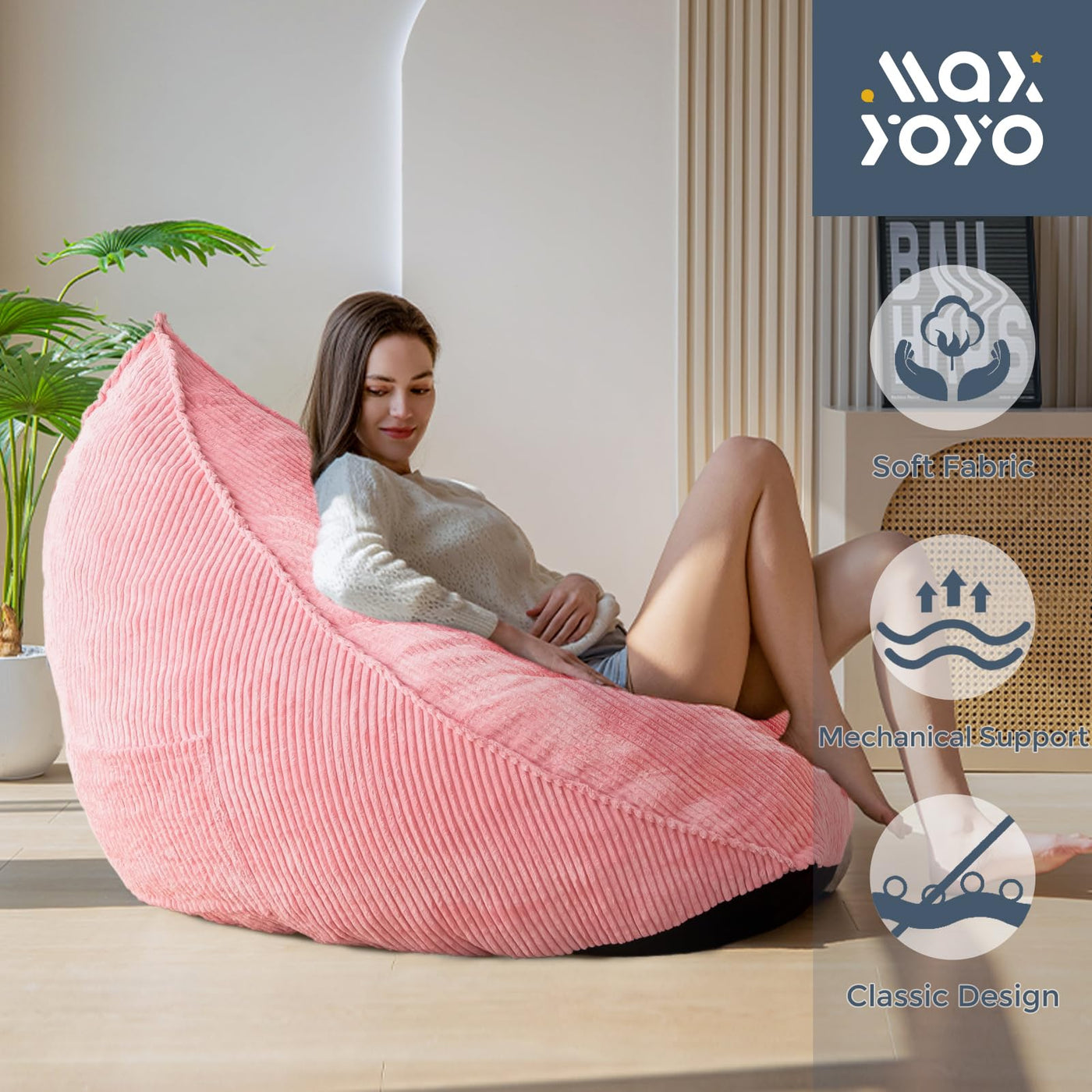 MAXYOYO Corduroy Bean Bag Chairs for Adult, Bean Bag Couch with Filler, Soft Lazy Sofa 43"x41"x35", Pink