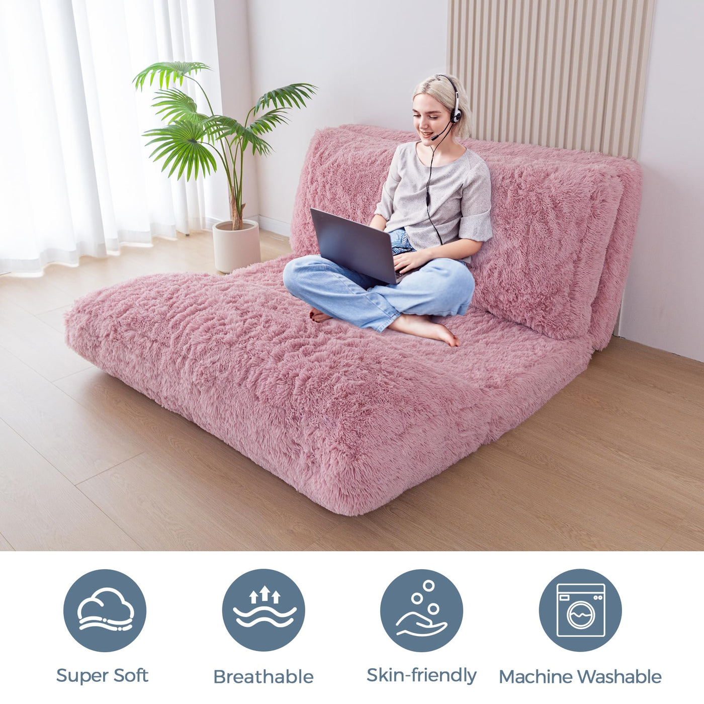 MAXYOYO Bean Bag Folding Floor Sofa Bed, Faux Fur Foam Filling Wall Couch Sleeper Chairs, Pink