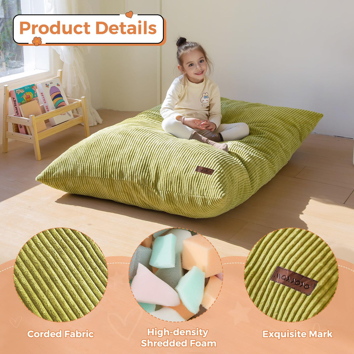 MAXYOYO 3-in-1 Kids Convertible Bean Bag Chair & Bed, Child Floor Sofa for Gaming, Reading, Green