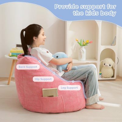 MAXYOYO Kids Bean Bag Chair, Corduroy Bean Bag Couch with Handle and Pocket for Gaming Reading Relaxing, Pink