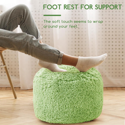 MAXYOYO Round Stuffed Pouf Ottoman, Long Faux Fur Poufs with Foam Chunk Filling, Green