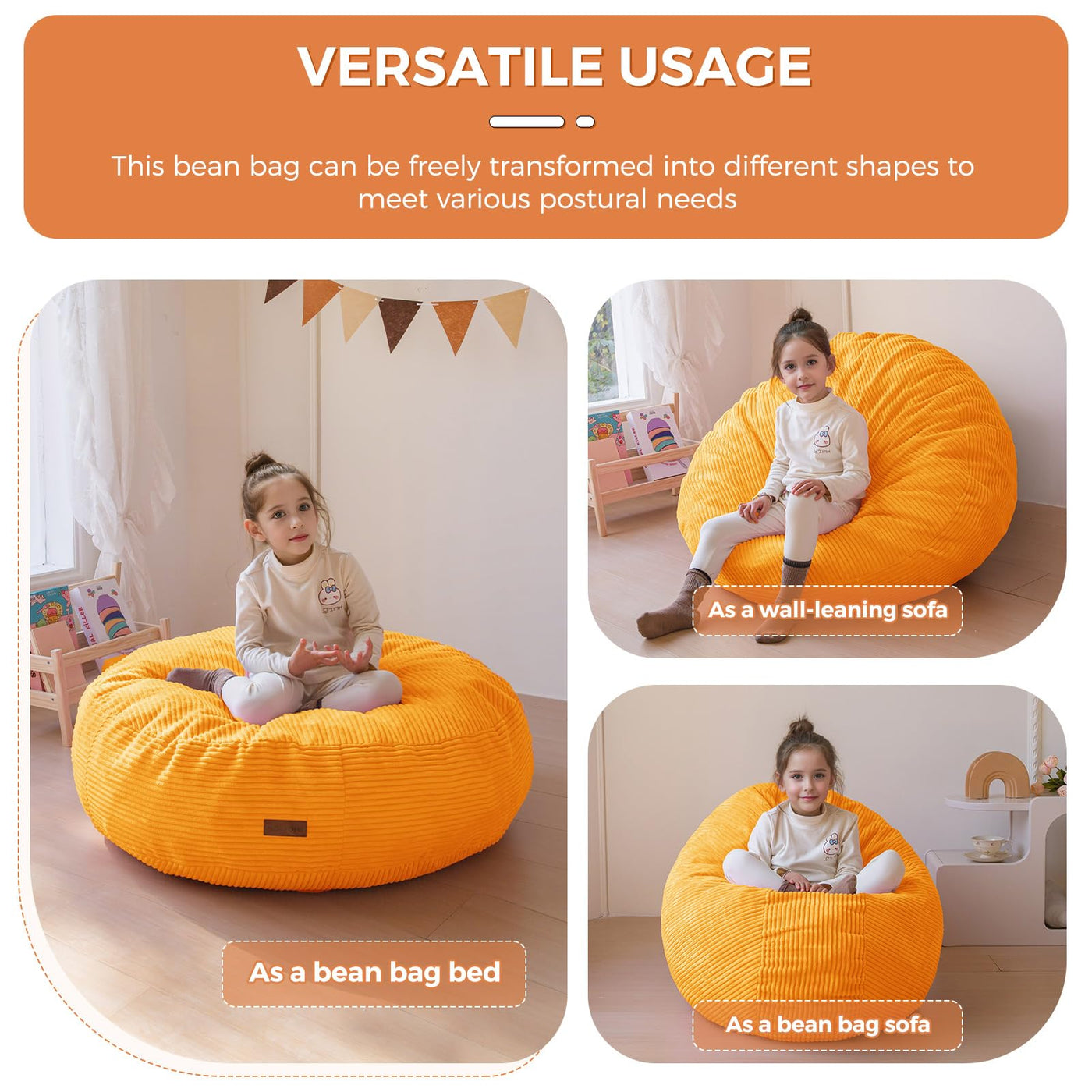 MAXYOYO 3-in-1 Kids Convertible Bean Bag Chair & Bed, Corduroy Round Child Floor Sofa for Gaming, Reading, Orange