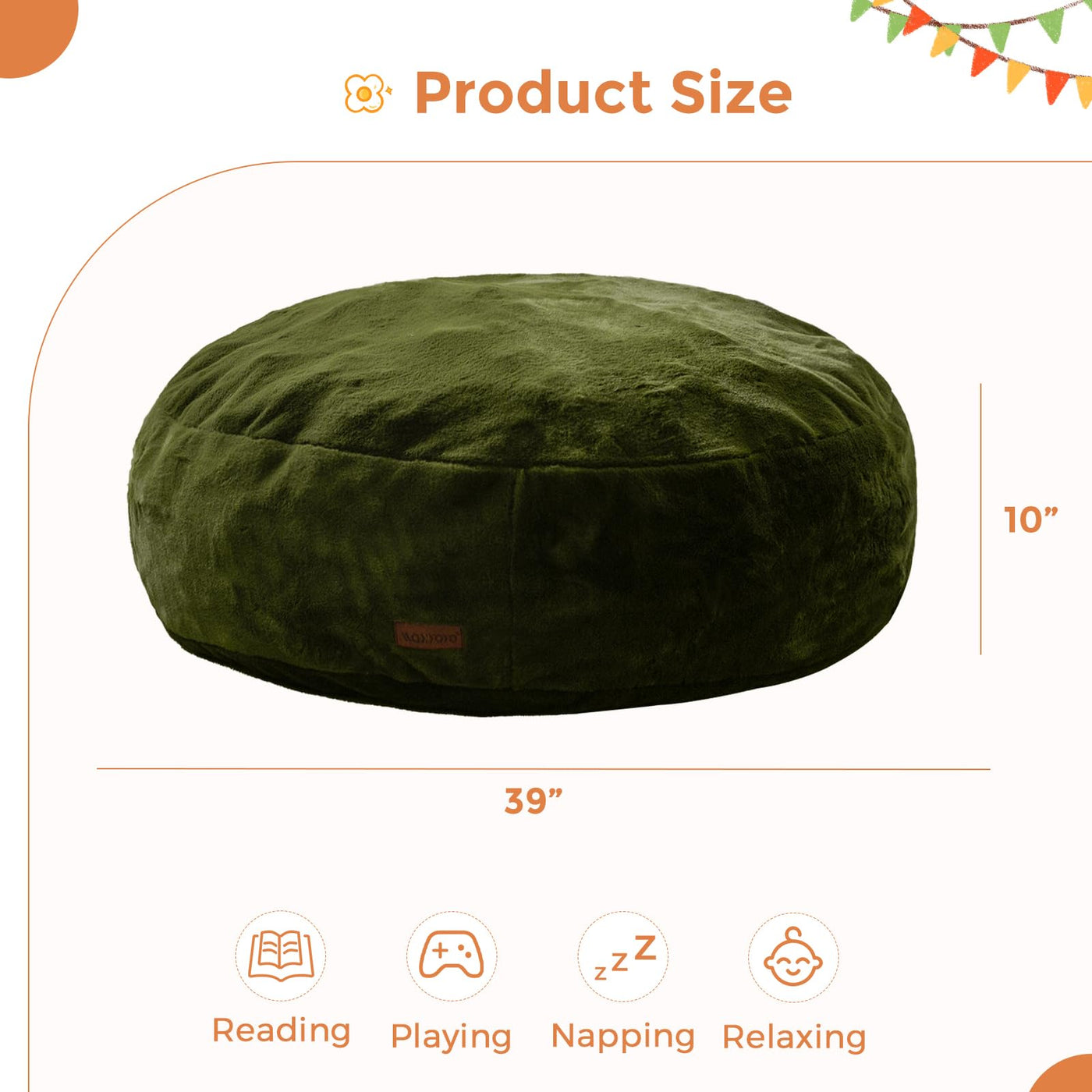 MAXYOYO 3 in 1 Kids Bean Bag Chair Bed, Faux Fur Round Child Floor Sofa for Gaming, Reading (Green)