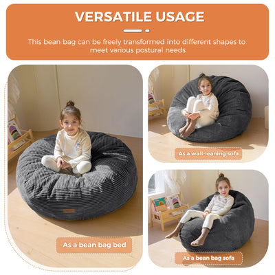 MAXYOYO 3-in-1 Kids Convertible Bean Bag Chair & Bed, Corduroy Round Child Floor Sofa for Gaming, Reading, Dark Grey