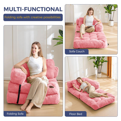 MAXYOYO Folding Sofa Bed, L-Shaped Convertible Sofa Bed with Armrest Foldable Sleeper Sofa, Pink