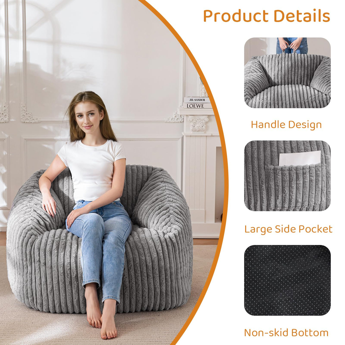 MAXYOYO Bean Bag Chair, Floor Sofa with Handle and Pocket for Living Room, Grey