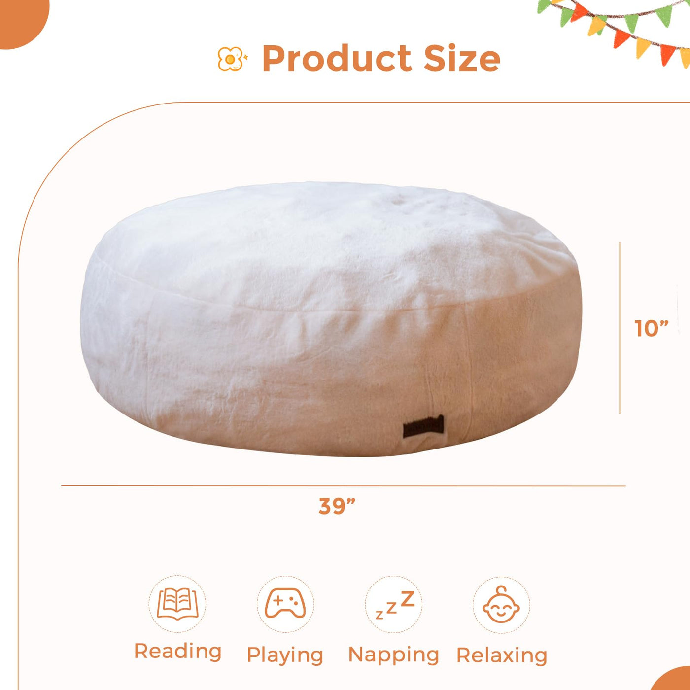 MAXYOYO 3 in 1 Kids Bean Bag Chair Bed, Faux Fur Round Child Floor Sofa for Gaming, Reading (Beige)