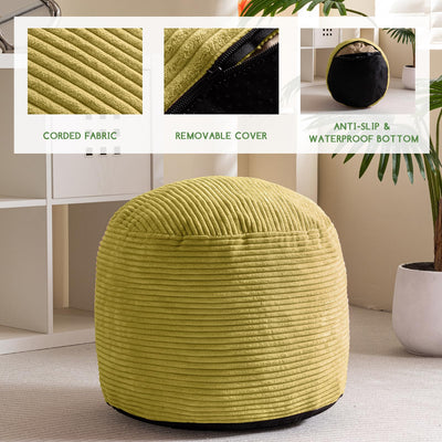 MAXYOYO Round Stuffed Pouf Ottoman, Corduroy Poufs with Foam Chunk Filling, 20 X 15In, Green