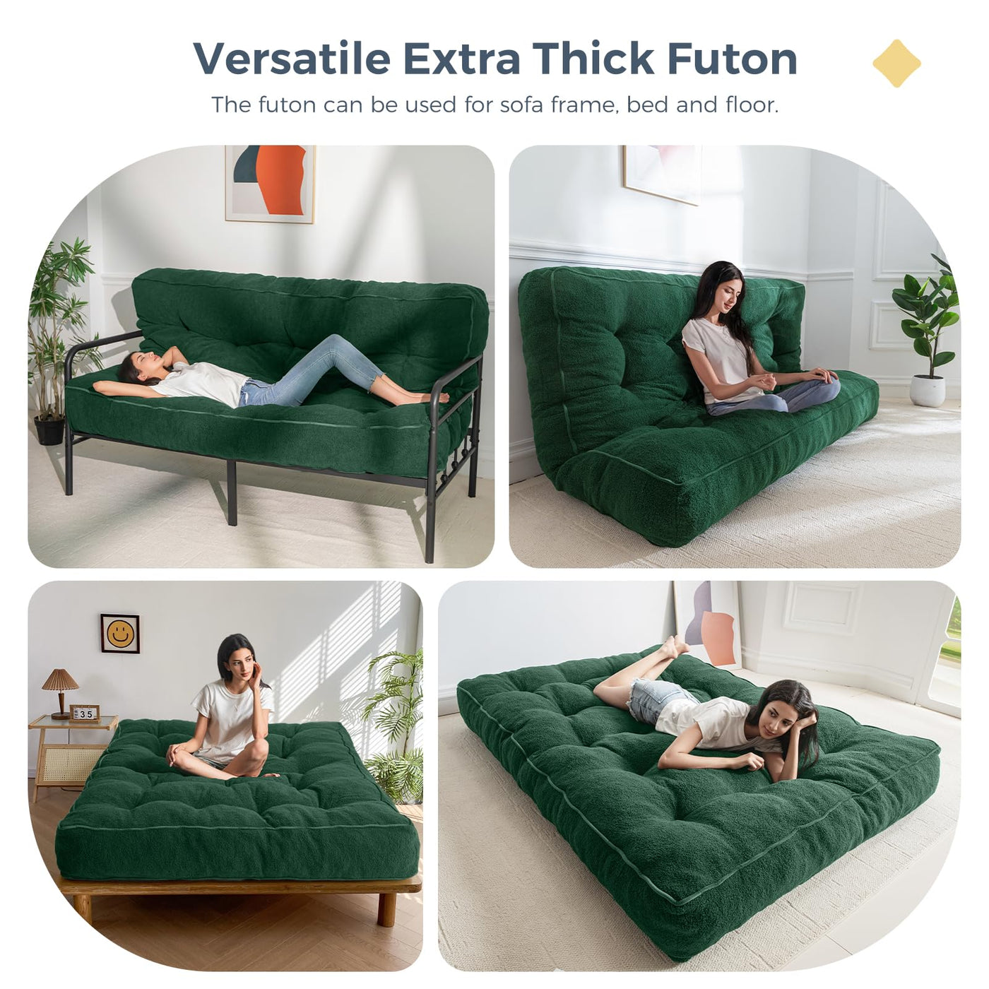 MAXYOYO 8" Tufted Futon Sofa Couch Bed, Thick Thick Boucle Floor Futon Mattress for Adults (Mattress Only), Green