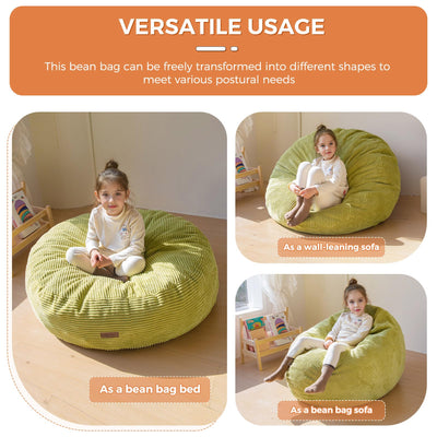 MAXYOYO 3-in-1 Kids Convertible Bean Bag Chair & Bed, Corduroy Round Child Floor Sofa for Gaming, Reading, Green