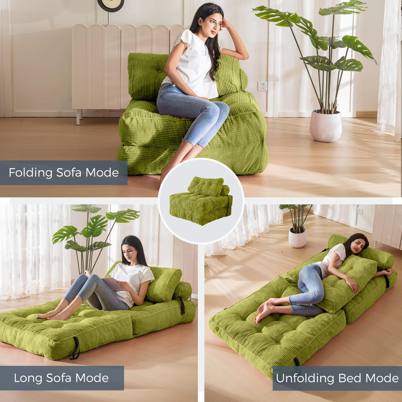 corduroy bean bag folding sofa#color_green