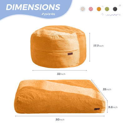 MAXYOYO Corduroy Bean Bag Chair Bed for Kids, Convertible Bean Bag Folds from Chair to Floor Mattress, Orange