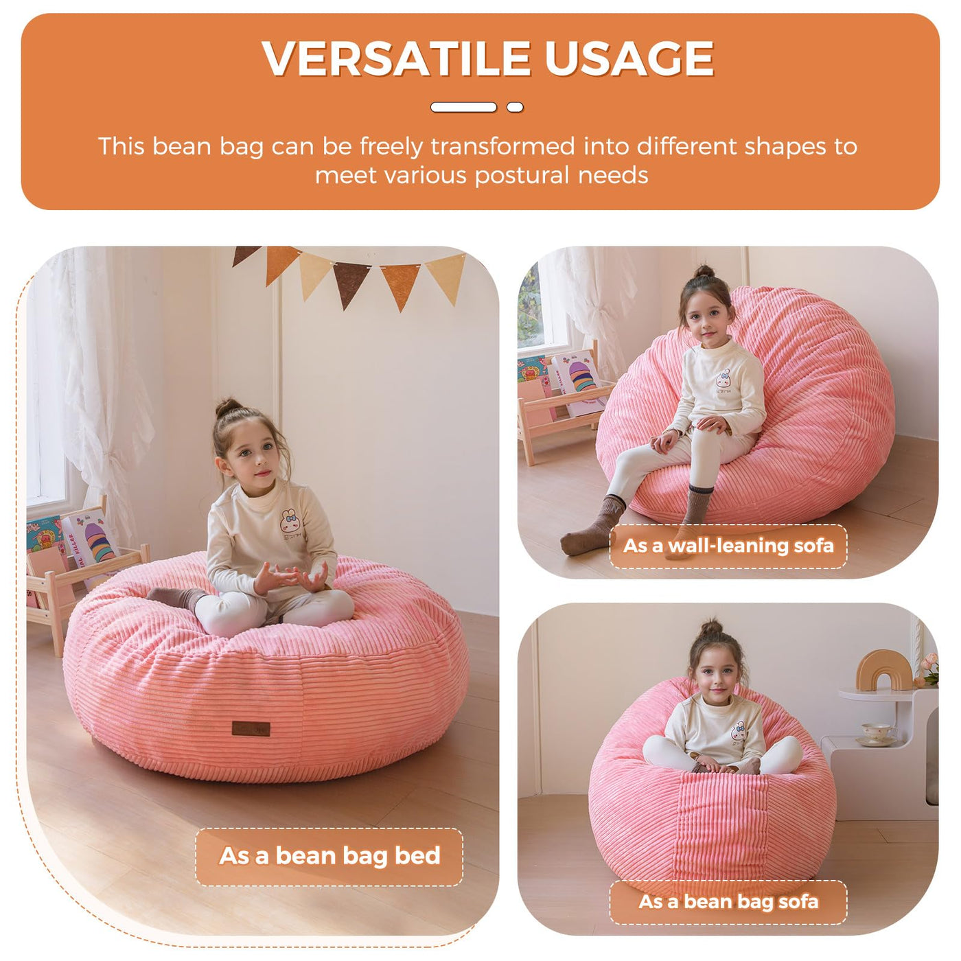 MAXYOYO 3-in-1 Kids Convertible Bean Bag Chair & Bed, Corduroy Round Child Floor Sofa for Gaming, Reading, Pink