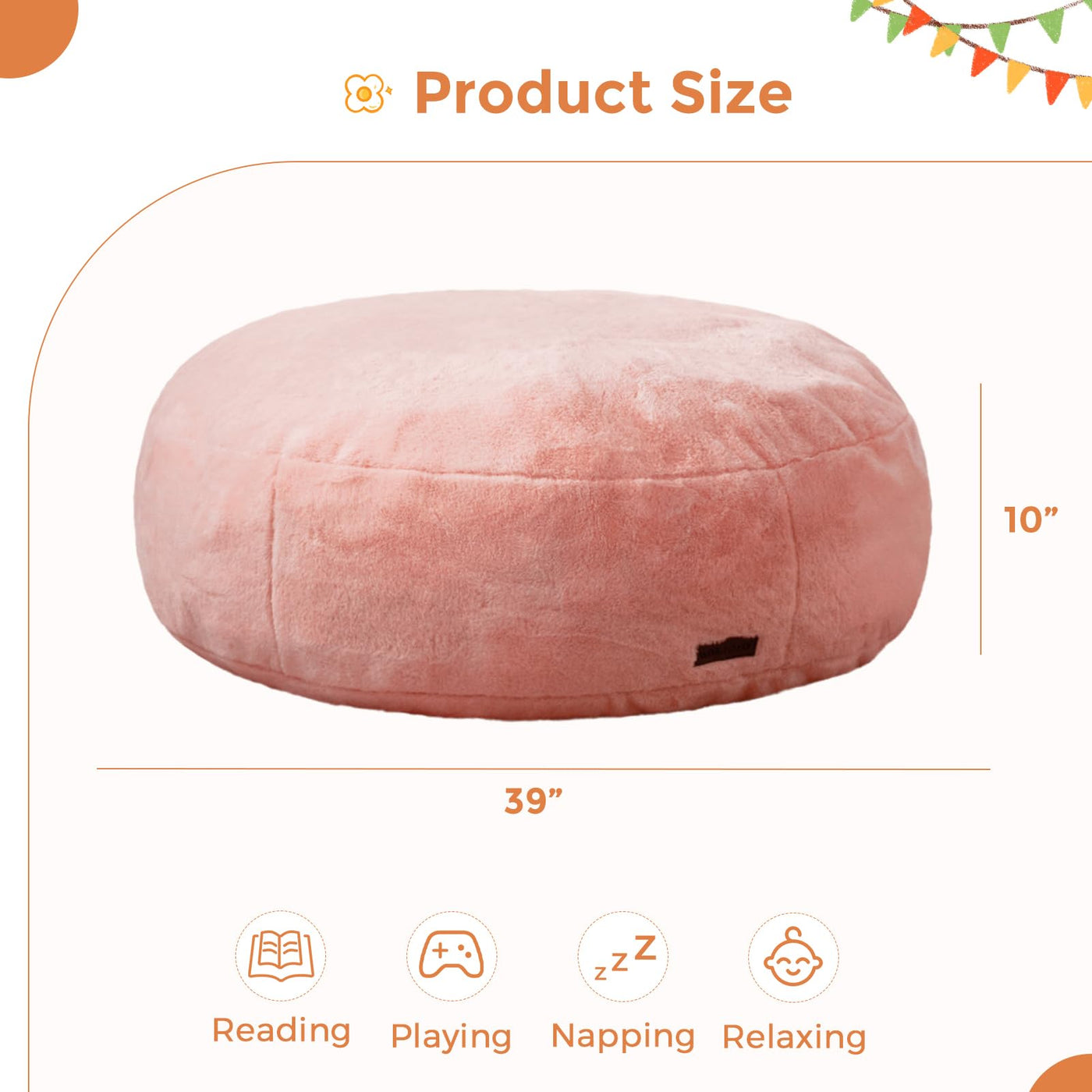 MAXYOYO 3 in 1 Kids Bean Bag Chair Bed, Faux Fur Round Child Floor Sofa for Gaming, Reading (Pink)