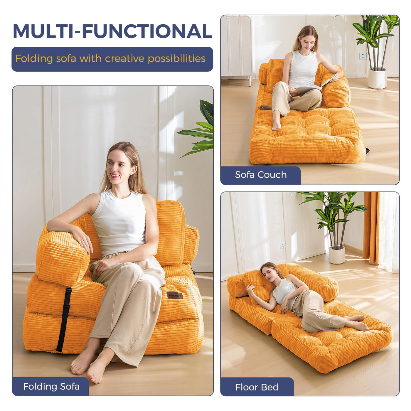 MAXYOYO Folding Sofa Bed, L-Shaped Convertible Sofa Bed with Armrest Foldable Sleeper Sofa, Orange