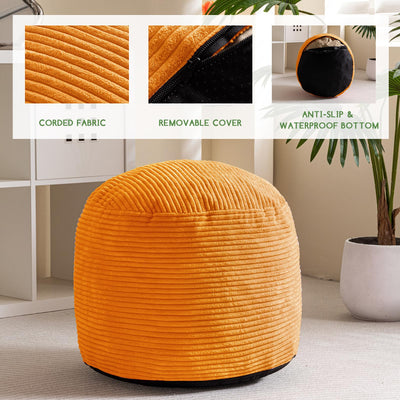 MAXYOYO Round Stuffed Pouf Ottoman, Corduroy Poufs with Foam Chunk Filling, 20 X 15In, Orange