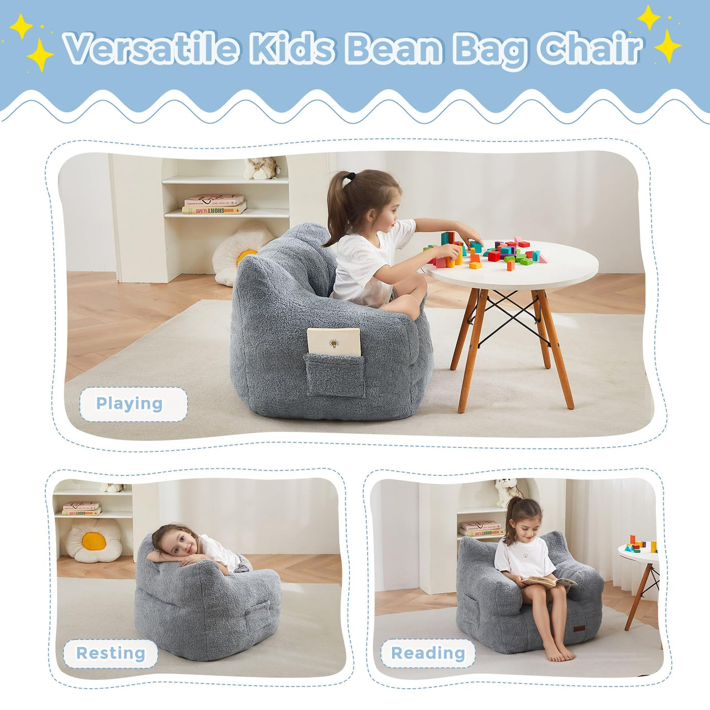 MAXYOYO Kids Sherpa Bean Bag Chair, Teddy Lazy Sofa for Girls and Boys,  Grey