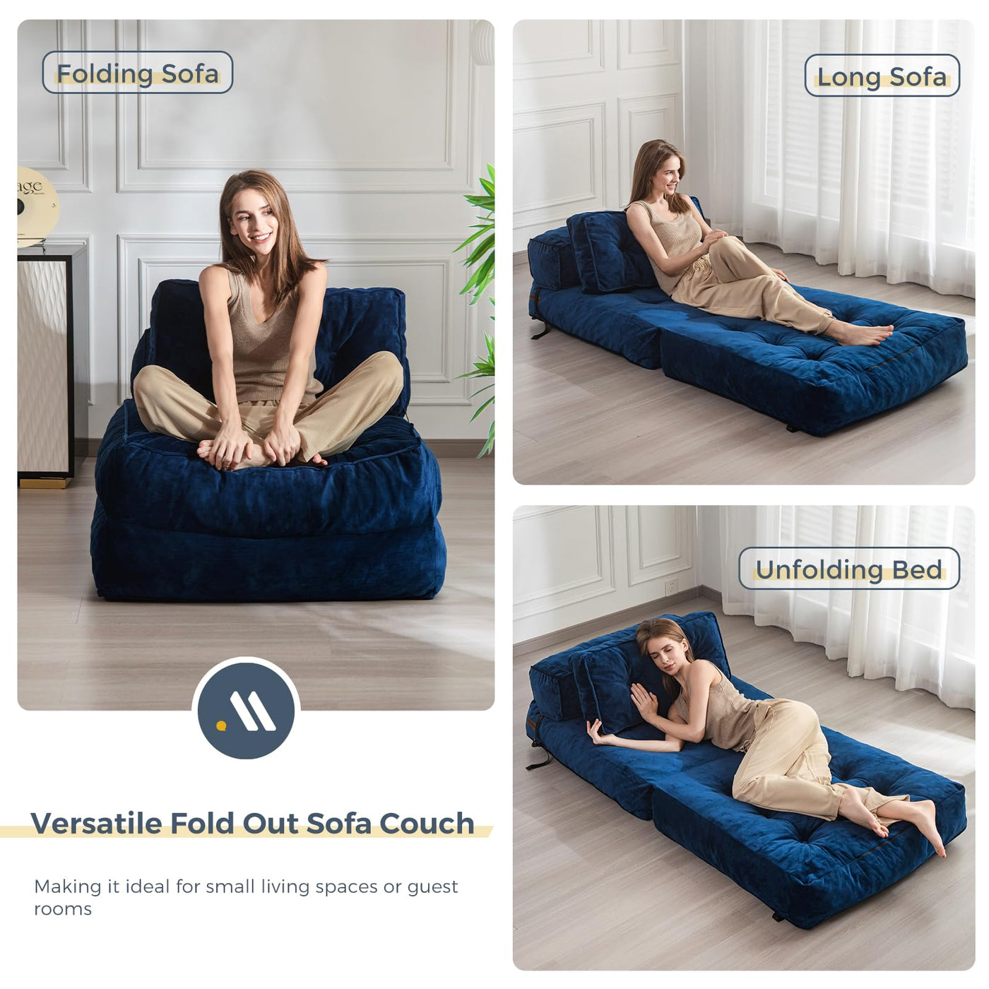 MAXYOYO Folding Sofa Bed, Velvet Convertible Sleeper Chair with Pillow Portable Fold Out Chair Bed, Navy