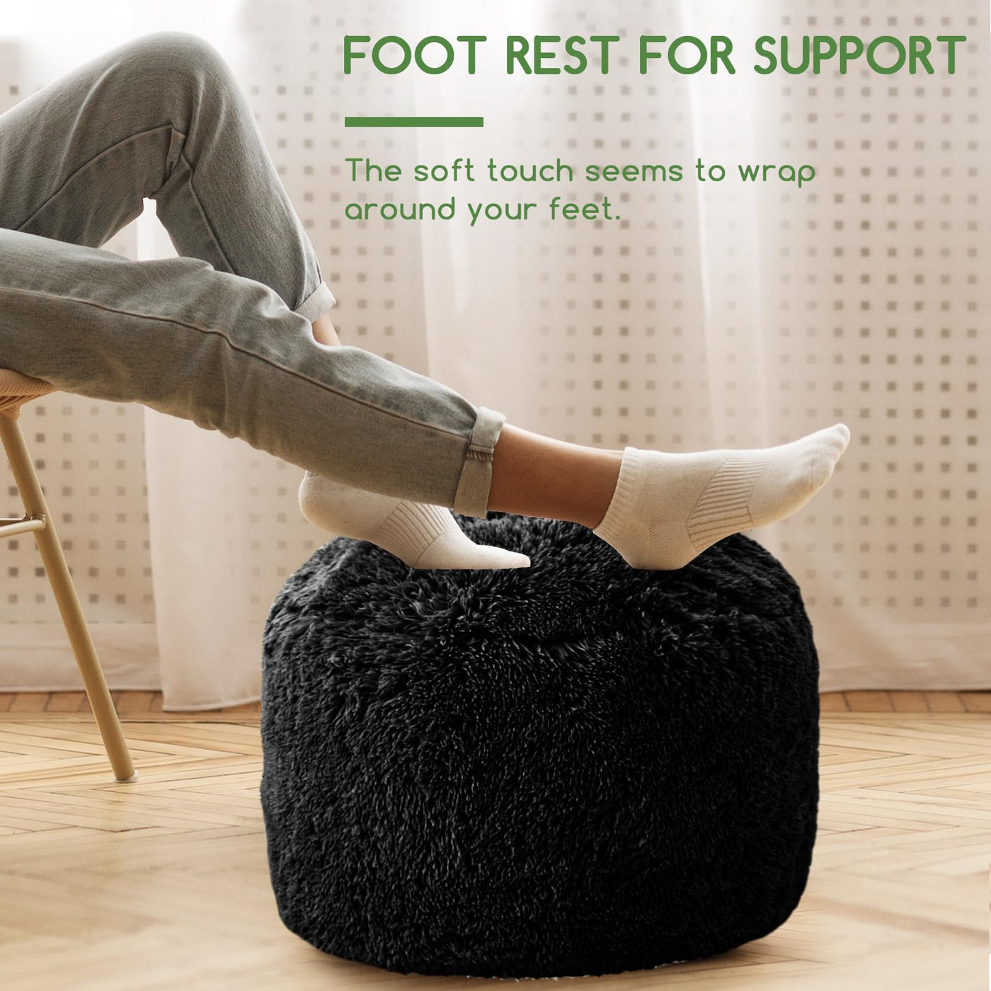 MAXYOYO Round Stuffed Pouf Ottoman, Long Faux Fur Poufs with Foam Chunk Filling, Black