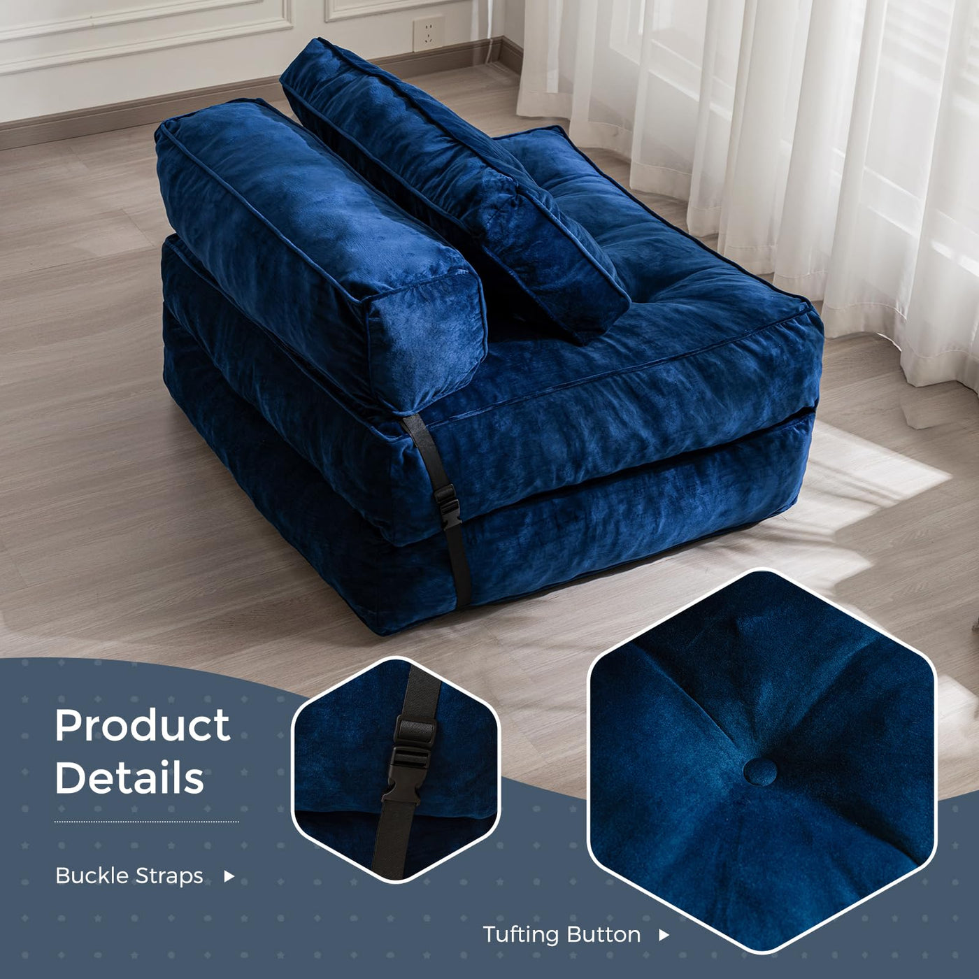 MAXYOYO Folding Sofa Bed, Velvet Convertible Sleeper Chair with Pillow Portable Fold Out Chair Bed, Navy