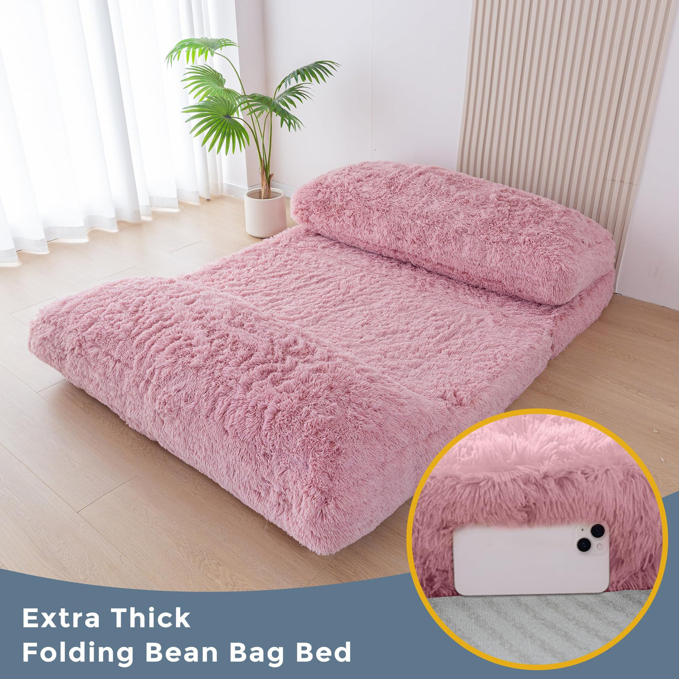 MAXYOYO Bean Bag Folding Floor Sofa Bed, Faux Fur Foam Filling Wall Couch Sleeper Chairs, Pink