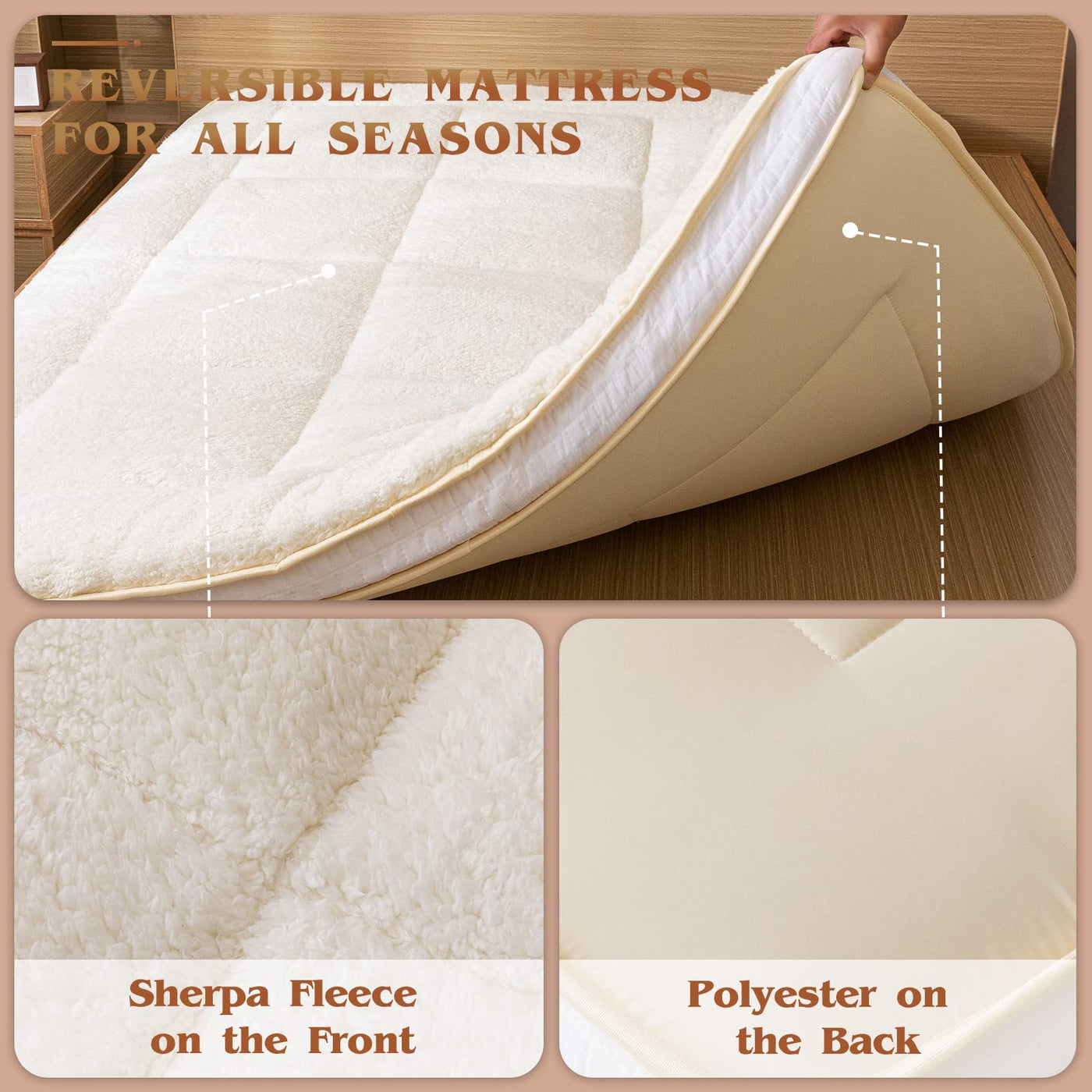 MAXYOYO Sherpa Fleece Padded Japanese Floor Mattress, Fluffy Futon Mattress for All Seasons, Beige