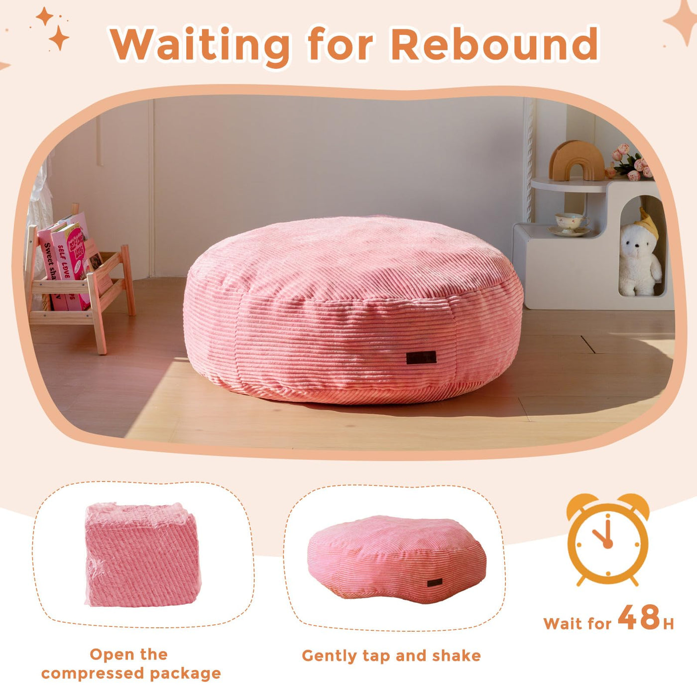 MAXYOYO 3-in-1 Kids Convertible Bean Bag Chair & Bed, Corduroy Round Child Floor Sofa for Gaming, Reading, Pink