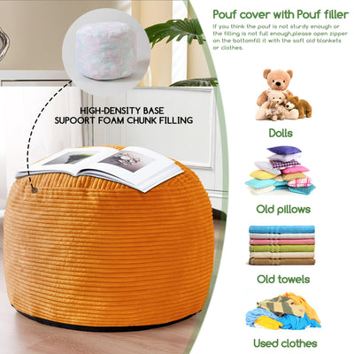 MAXYOYO Round Stuffed Pouf Ottoman, Corduroy Poufs with Foam Chunk Filling, 20 X 15In, Orange