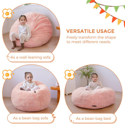 MAXYOYO 3 in 1 Kids Bean Bag Chair Bed, Faux Fur Round Child Floor Sofa for Gaming, Reading (Pink)