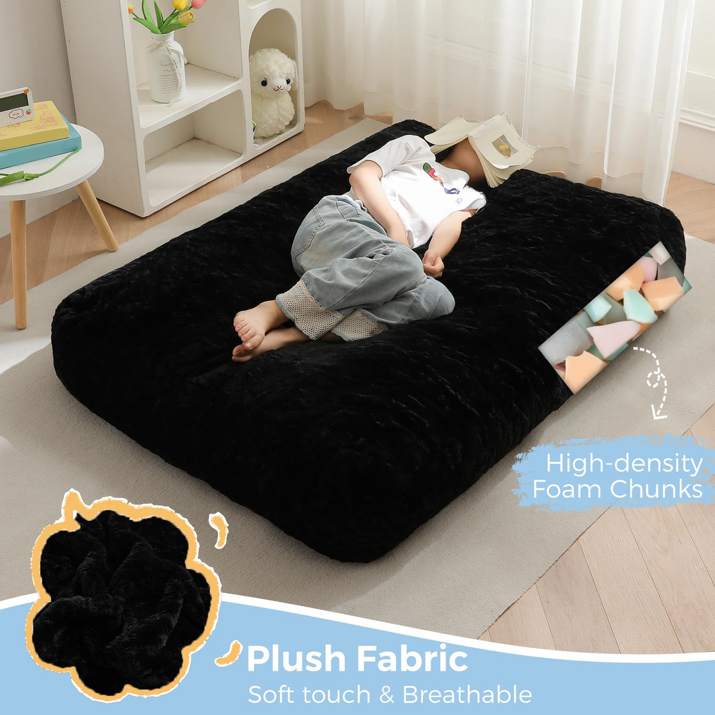 MAXYOYO Bean Bag Chair Bed for Kids, Convertible Bean Bag Folds from Lazy Chair to Floor Mattress Bed, Black