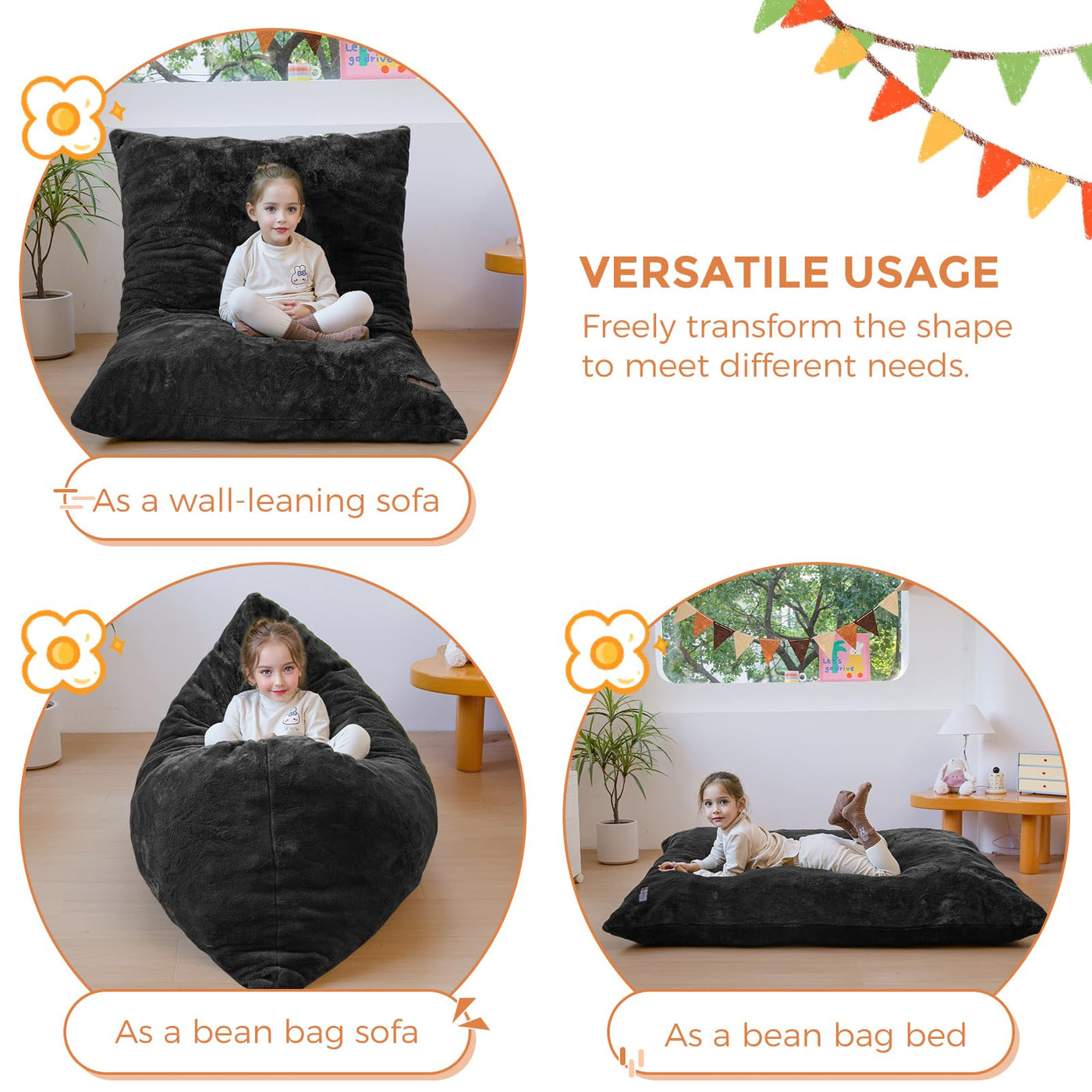 MAXYOYO 3 in 1 Kids Bean Bag Chair Bed, Faux Fur Child Floor Sofa for Gaming, Reading (Black)