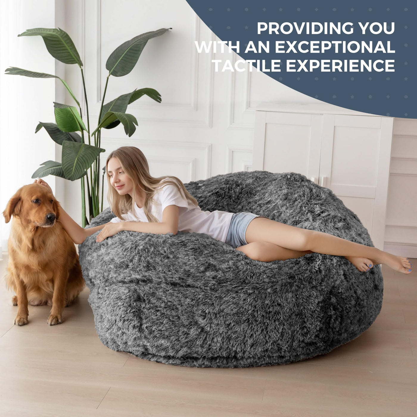 MAXYOYO Giant Bean Bag, Faux Fur Convertible Beanbag Folds from Lazy Chair to Floor Mattress Bed, Black