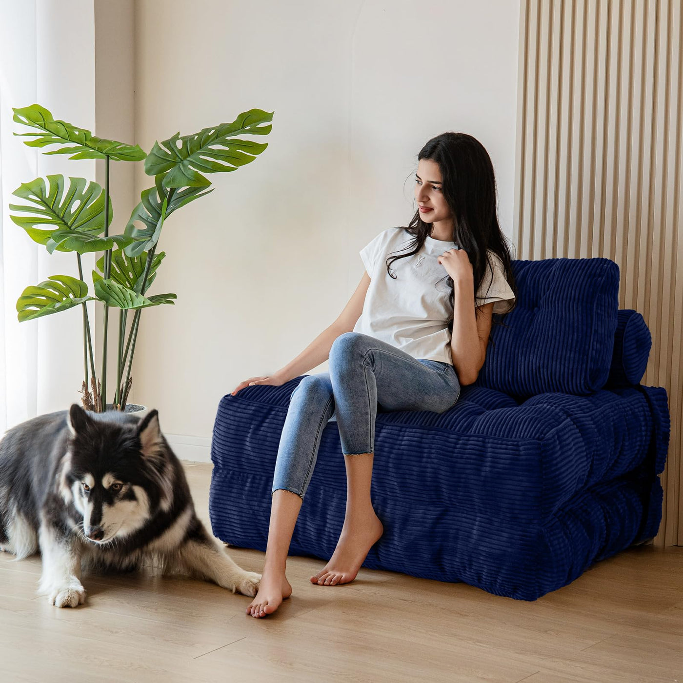 corduroy bean bag folding sofa#color_navy