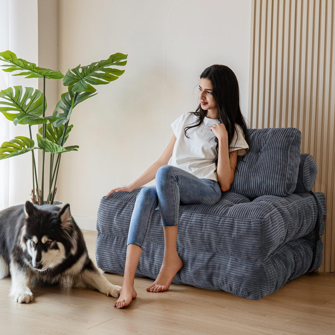 corduroy bean bag folding sofa#color_dark-grey