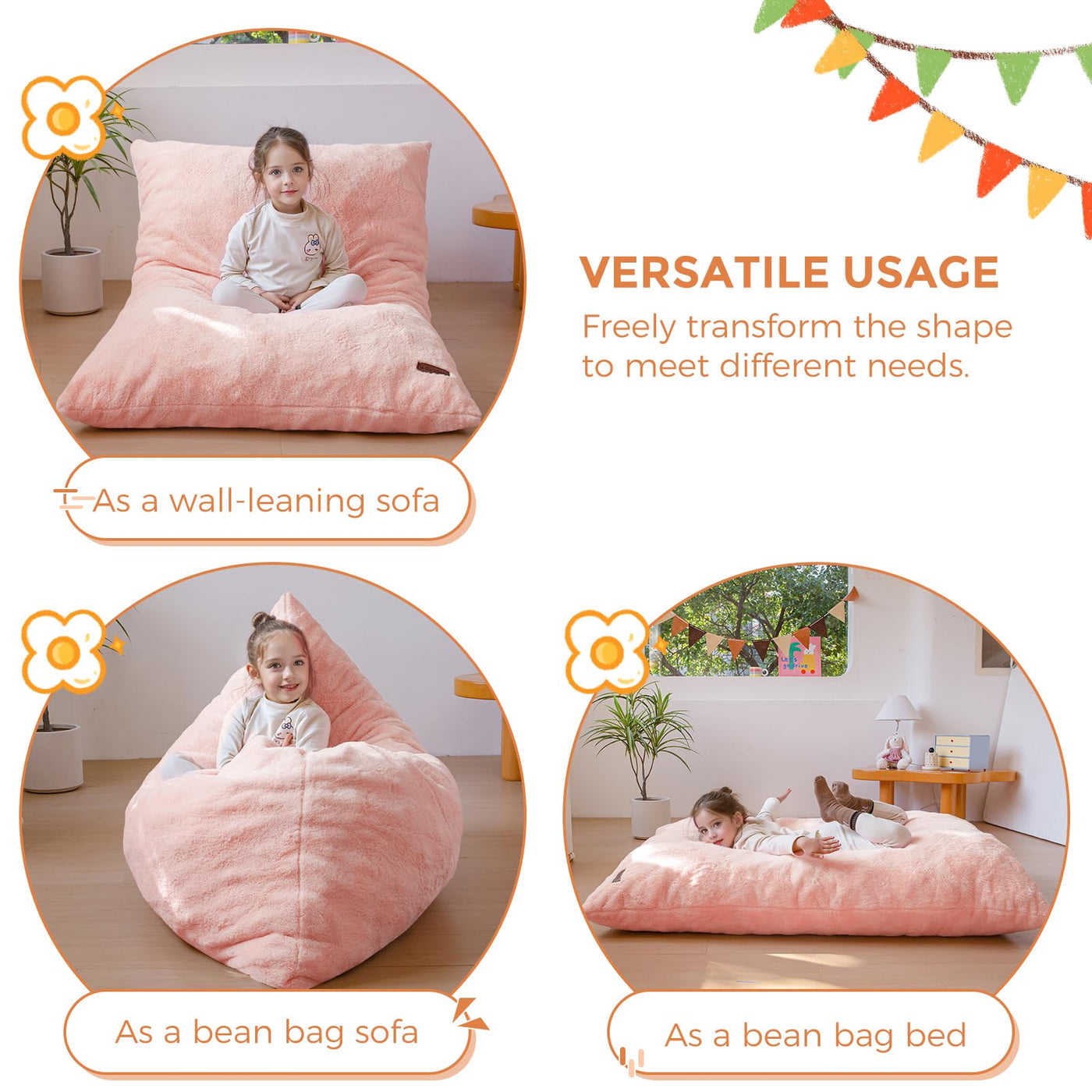 MAXYOYO 3 in 1 Kids Bean Bag Chair Bed, Faux Fur Child Floor Sofa for Gaming, Reading (Pink)