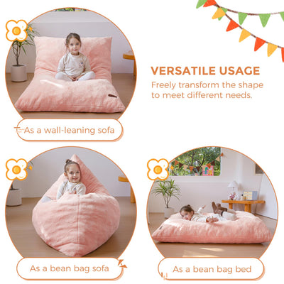 MAXYOYO 3 in 1 Kids Bean Bag Chair Bed, Faux Fur Child Floor Sofa for Gaming, Reading (Pink)