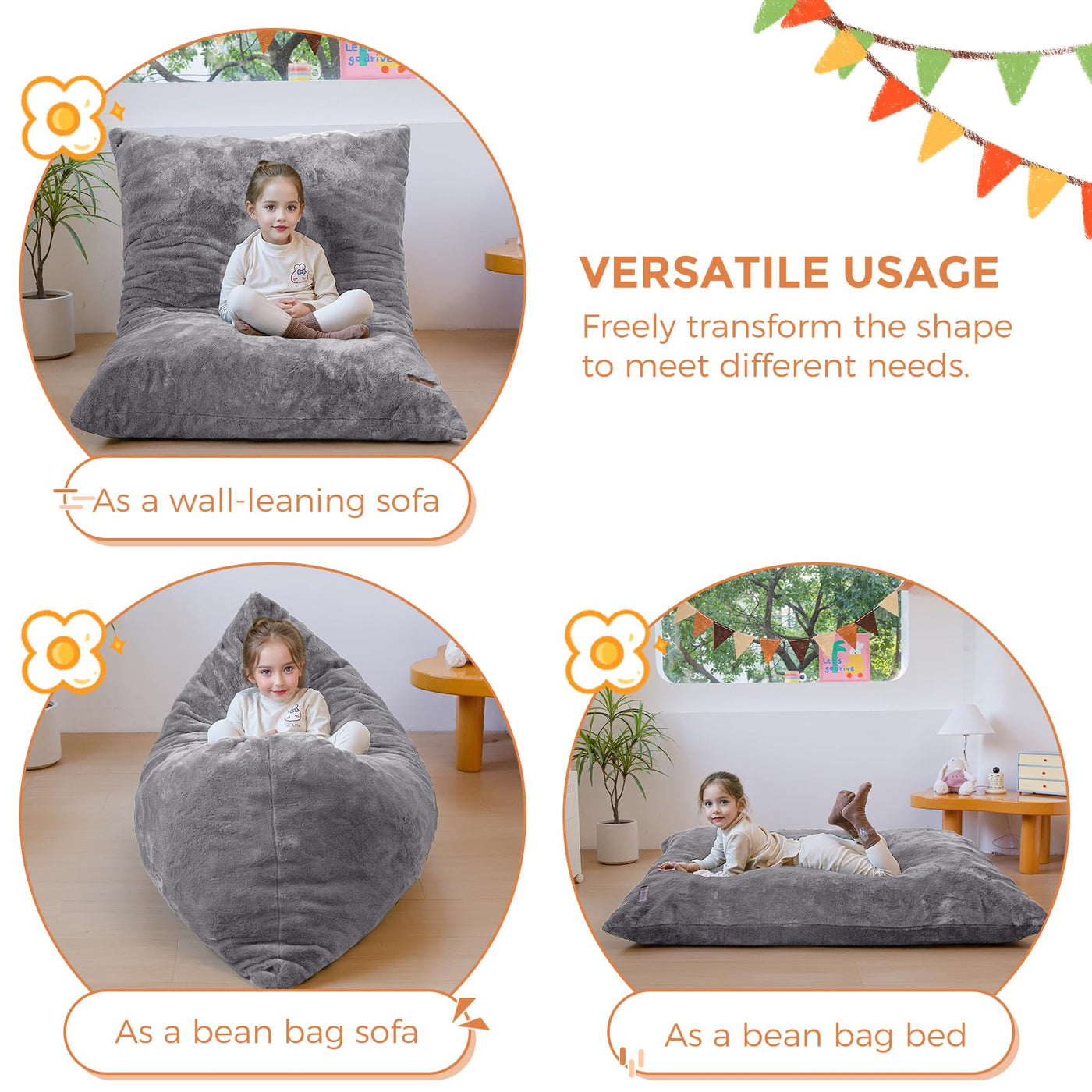 MAXYOYO 3 in 1 Kids Bean Bag Chair Bed, Faux Fur Child Floor Sofa for Gaming, Reading (Dark Grey)