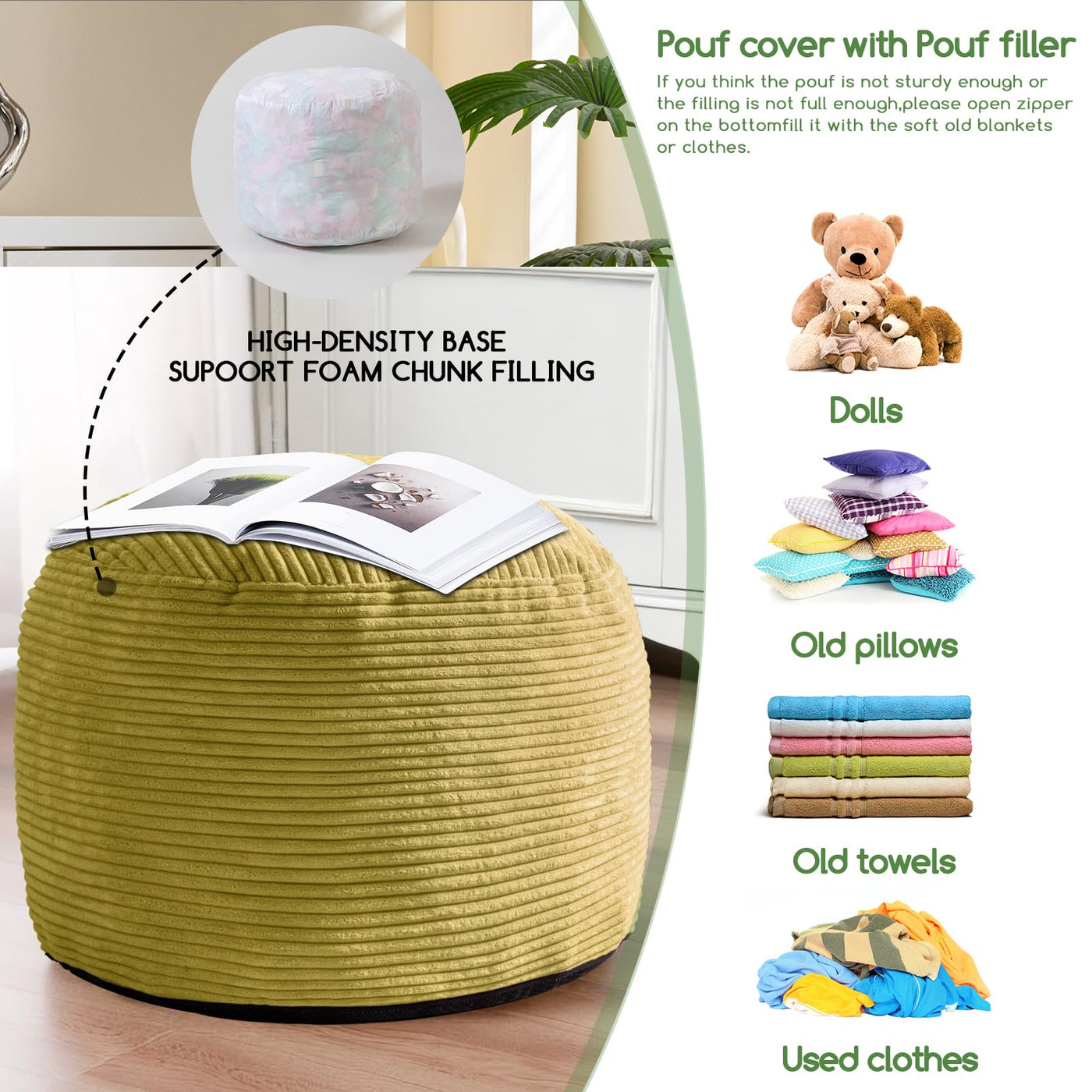 MAXYOYO Round Stuffed Pouf Ottoman, Corduroy Poufs with Foam Chunk Filling, 20 X 15In, Green