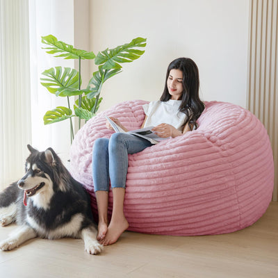 MAXYOYO Giant Bean Bag Chair Bed for Adults, Striped Faux Fur Convertible Beanbag Folds from Lazy Chair to Floor Bed, Pink