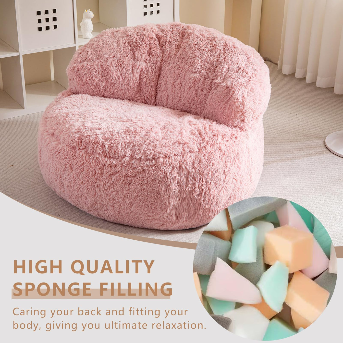 MAXYOYO Giant Bean Bag Chair, Faux Fur Bean Bag Couch for Adults, Accent Chair with Pocket, Pink