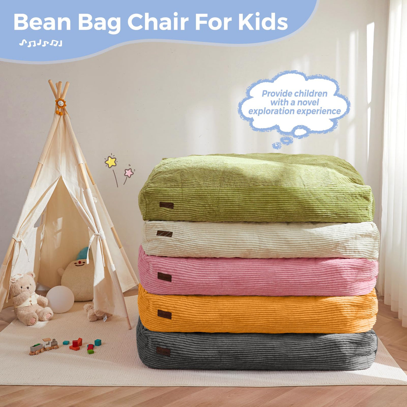 MAXYOYO Corduroy Bean Bag Chair Bed for Kids, Convertible Bean Bag Folds from Chair to Floor Mattress, Green