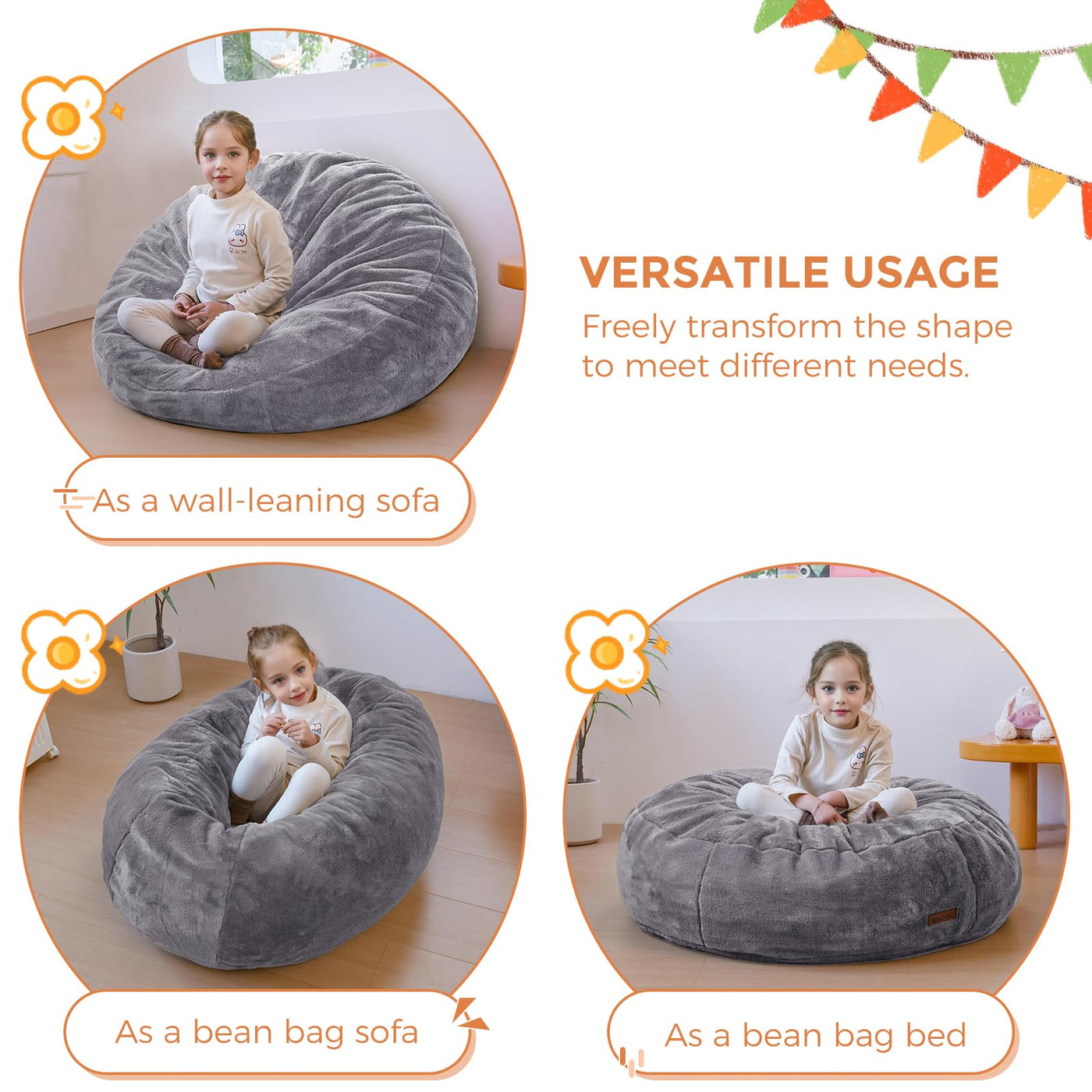 MAXYOYO 3 in 1 Kids Bean Bag Chair Bed, Faux Fur Round Child Floor Sofa for Gaming, Reading (Dark Grey)