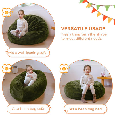 MAXYOYO 3 in 1 Kids Bean Bag Chair Bed, Faux Fur Round Child Floor Sofa for Gaming, Reading (Green)