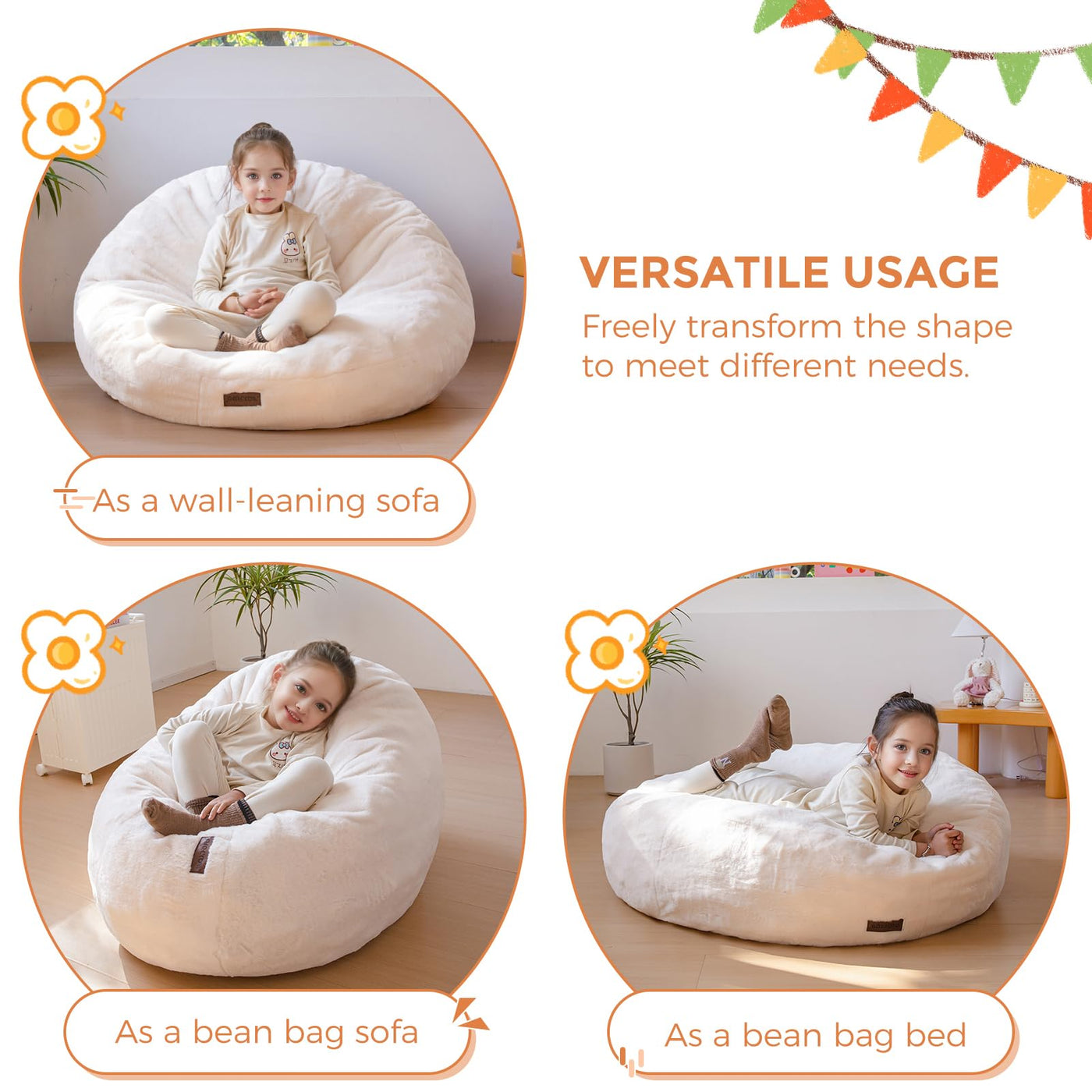 MAXYOYO 3 in 1 Kids Bean Bag Chair Bed, Faux Fur Round Child Floor Sofa for Gaming, Reading (Beige)